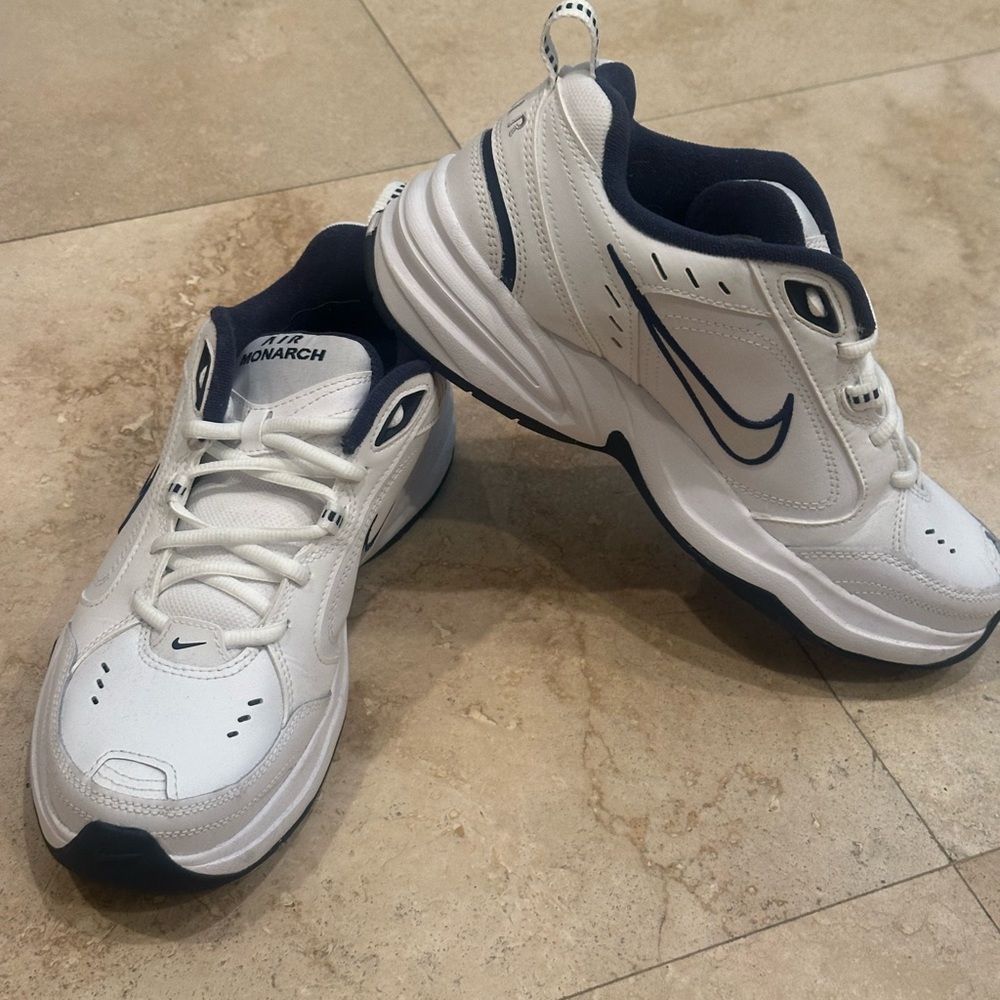 Nike Air Monarch White and Navy Athletic Sneakers